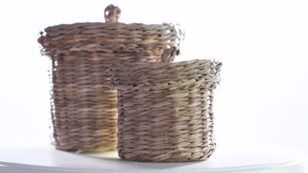 Video Two Small Wicker Baskets Spinning Turntable Selective Focus — Stock Video