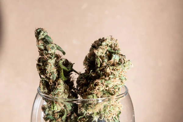 Detalles Brotes Marihuana Medicinal Dentro Vaso Cristal Fondo Marrón Con — Foto de Stock