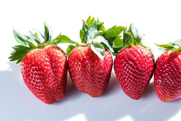 Detail Photo Four Very Red Strawberries White Background 图库图片