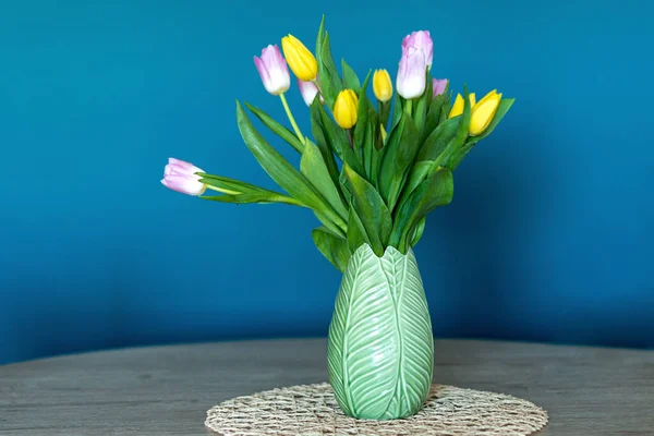 Horizontal Photo Pink Yellow Tulips Green Vase House Oil Blue Fotografias De Stock Royalty-Free