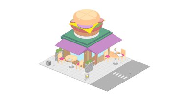 Isometric hamburgerci. Fast food restoranı.