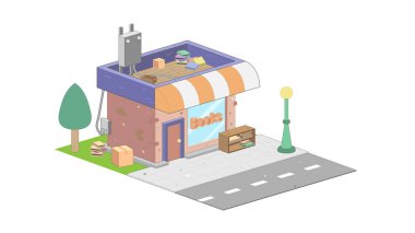 Beyaz arka planda Isometric kitapçı. İzometrik projeksiyonda modern kitapçı.