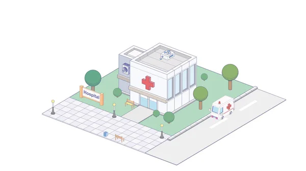 Icono isométrico vectorial que representa el edificio del hospital con furgoneta ambulancia — Vector de stock