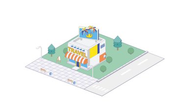 Turizmle ilgili reklam panosu olan vektör izometrik seyahat acentesi