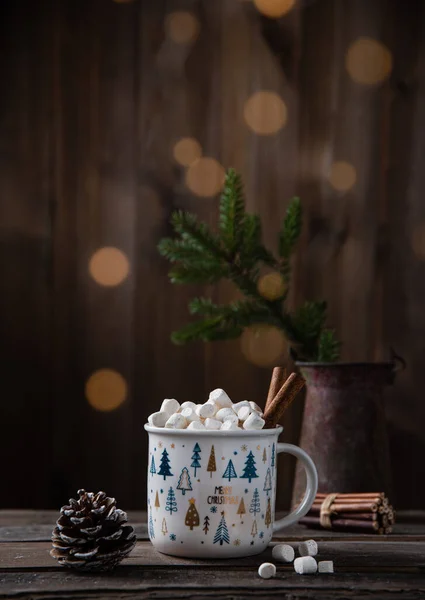 Christmas Cup Cacao Marshmallow Cinnamon Old Brown Wooden Table Bokeh — Stock Photo, Image