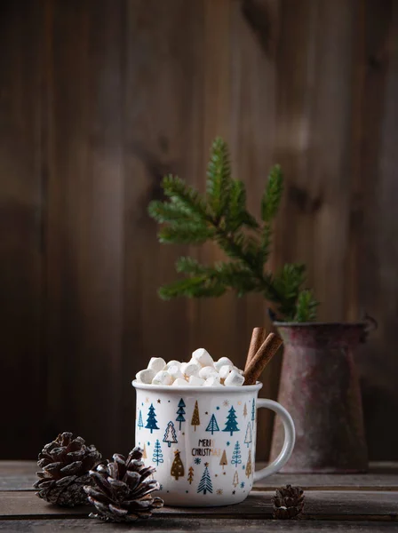 Noel kase kakao ve tarçınlı marshmallow eski kahverengi ahşap masa üzerinde koni ve köknar. Yeni yıl havası. Ön görünüm ve boşluk kopyala