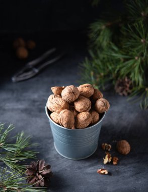 yeşil Noel ağacının arasındaki tahta bir masada metal bir kavanozda ceviz. Karanlık ve karamsar