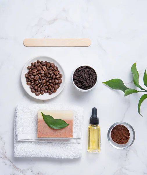 Concepto Spa Plano Yacía Con Exfoliante Natural Café Corporal Aceite — Foto de Stock