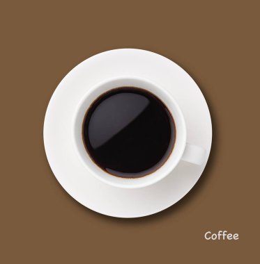 Beyaz fincanda koyu kahve ve kahverengi arka planda fincan tabağı. Poster için konsept fotoğraf. Üst görünüm