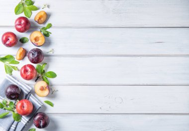 Konsept düz beyaz ahşap arka planda dalları çiçek açmış birkaç sulu kırmızı erik yatıyordu. Üst görünüm ve boşluk resmi kopyala