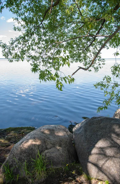Vackert Sommarlandskap Sjön Med Klippor Och Träd Begreppet Inhemsk Turism — Stockfoto
