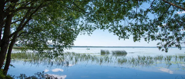 Prachtig Zomers Landschap Aan Het Meer Met Bomen Reflectie Het — Stockfoto