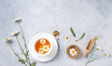 Beyaz bir fincanda papatya çayı, vazo, kuru çay ve mavi bir arka planda papatya çiçeğiyle sağlıklı bir şekilde yatıyordu. Üst görünüm ve boşluk resmi kopyala 