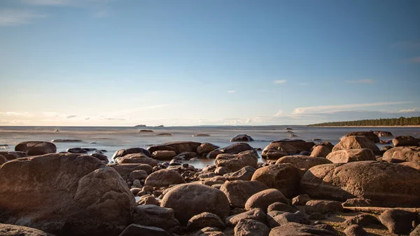 Vacker Soluppgång Stranden Ladoga Sjön Med Tallskog Kustlinje Stenar Och — Stockfoto