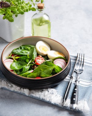 Yeşil ıspanak yaprağı, domates, haşlanmış yumurta, kırmızı turp ve keten tohumlu zeytin yağı salatası. Sağlıklı, besleyici ve vejetaryen gıda kavramı çok yakındır..