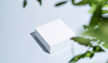Gölgeli ve yeşil yapraklı mavi arka planda beyaz kare kutular. Minimalist ambalaj konsepti ya da ürün reklamları için maket. Üst görünüm, alanı kopyala.