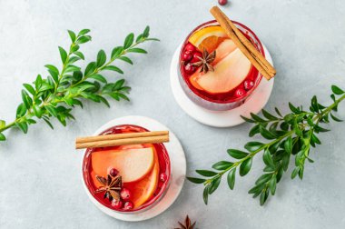 Tarçınlı ve yeşil dallı hafif arka planda iki bardakta bir kızılcık içeceği. Reklam menüsü ya da afiş kafe için geleneksel bir Noel kokteyli ya da portakal, elma ve baharatlı sıcak şarap. Üst görünüm, alanı kopyala.