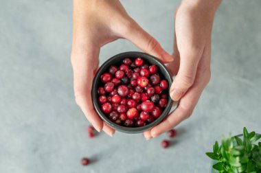 Yeşil dallı bir ışık masasında el ele tutuşmuş taze yaban mersini kasesi. Sağlıklı yabani böğürtlen kavramı. Üst görünüm, alanı kopyala.