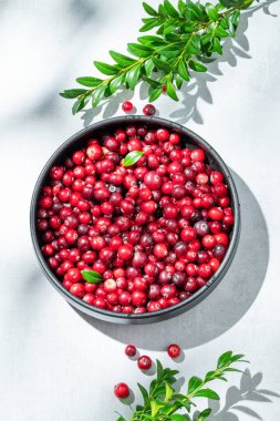 Yeşil dallı ve güneş ışığıyla açık arkaplanda koyu renkli bir kasede taze yaban mersini. Sağlıklı yabani böğürtlen kavramı. Üst görünüm, alanı kopyala.