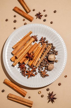 Parlak bej arka planda gölgeli çeşitli baharatlar var. Tarçın, karabiber, yıldız anason ve hindistan cevizi. Hint mutfağı için içerik konsepti. Bir kafe için reklam afişi. Üst görünüm.