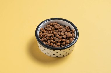 Sarı izole edilmiş arka planda bir kase kuru köpek maması. Hayvan bakımı ve evcil hayvan mağazası reklamları için beslenme konsepti. Ön görünüm, boşluğu kopyala.