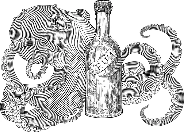 Pulpo y la botella de ron — Archivo Imágenes Vectoriales