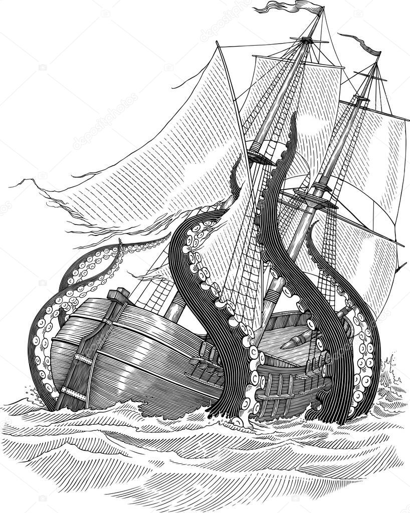 Black and white vector illustration of giant cephalopod attaking a ship
