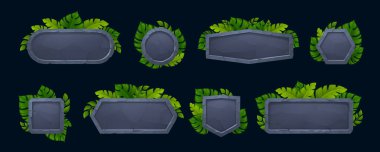 Orman çerçeveli taş oyun arayüzü elementleri ve yapay zeka tasarımı için kayalık düğmeler. Çizgi film tropikal yaprak işaretleri ve macera titreşimli antik panolar. Taşınabilir uygulamalar için vektör simgeleri içeren taş tabletler.