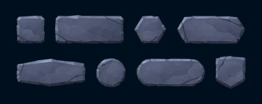 Kayalık dokuları ve ortaçağ tasarım elementleriyle taş oyun iskeleti koleksiyonu. Çizgi film UI düğmeleri - antik tablet şekilleri, fantezi plakları ve mobil RPG macera arayüz panelleri için sınırlar.