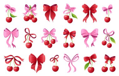 Kiraz rengi illüstrasyon, klasik fiyonk ve pembe kurdele detaylarıyla. Kırmızı meyvelerin sevimli kız çizimi, hassas dantel elementler ve sevgililer günü çıkartmaları ve baskıları için romantik kadınsı tasarım.