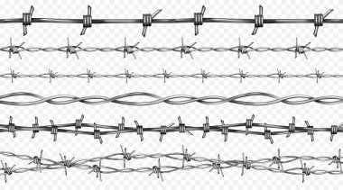 Kablo dikenli çit çit vektörü ayarlandı - izole metal elementlere sahip çerçeve tasarımları. Güvenlik ve hapishane temalı projeler için keskin sivri uçlu desenler ve askeri stil dikenli tel çizimleri.