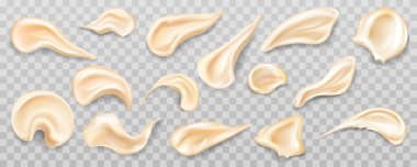 Makyaj uygulaması için ipeksi desenli krem lekesi. Şeffaf arkaplanda bej tonlarında sıvı kapatıcı kozmetik kumaş. Işıl ışıl cilt için kremsi güzellik yüz jeli.