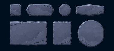 Taş oyunu UI elementleri, kayalık çerçeveler ve orman macerası uygulamaları için düğmeler. RPG menü tasarımı için karikatür dokusu plakaları, antik aztek işaretleri, fantezi panoları ve ortaçağ arayüz simgeleri.