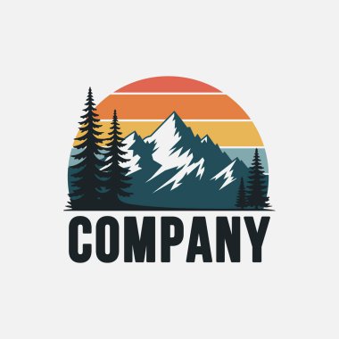 Açık hava maceraları. Dağlar turistik logo veya amblem tasarımı klasik illüstrasyon.