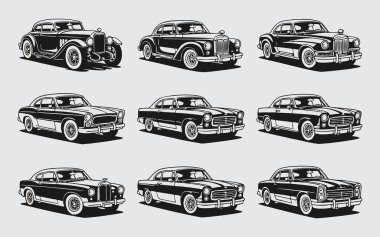 Beyaz arkaplanda izole edilmiş klasik araba seti.