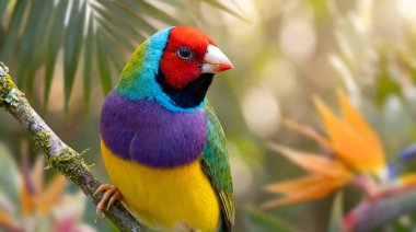 Gouldian Finch Kuşu Tropikal Çiçeklerle Yosun Dalına Tüymüş