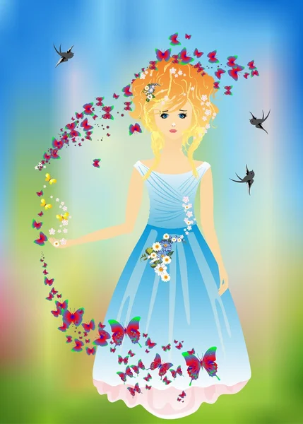 Chica de primavera en un vestido azul — Vector de stock