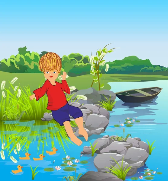 The boy on the lake — Stock Vector