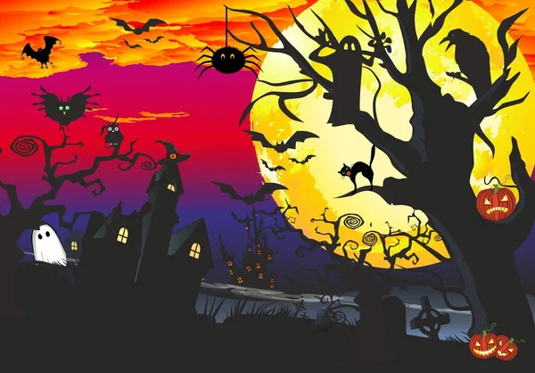 Halloween Straszna Kompozycja Duchami Nietoperze Kot Drzewa — Wektor stockowy