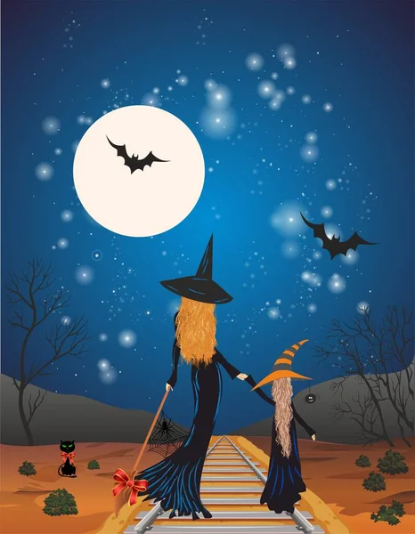 Composition Trees Witches Walking Railway Track — Stock Vector