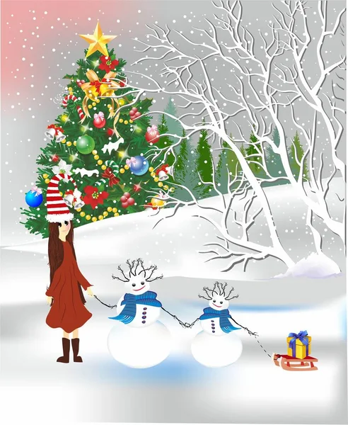Christmas Composition Christmas Tree Stands Beautifully Decorated Forest Girl Two — Stock Vector