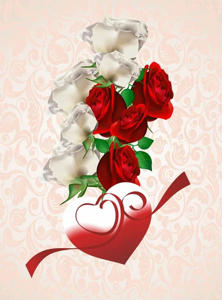 Composition Rouge Blanc Avec Roses Coeur Ruban — Image vectorielle