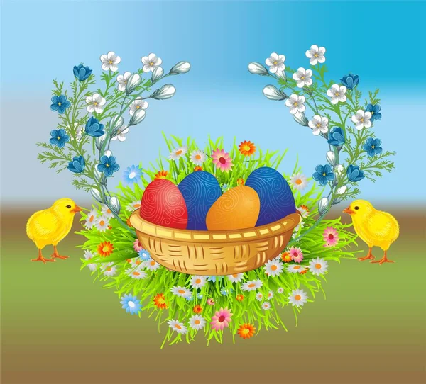 Composition Basket Eggs Chicken Easter — Stock Vector