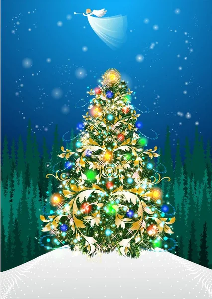 Composição Com Uma Árvore Natal Anjo Feminino Que Voa Toca — Vetor de Stock