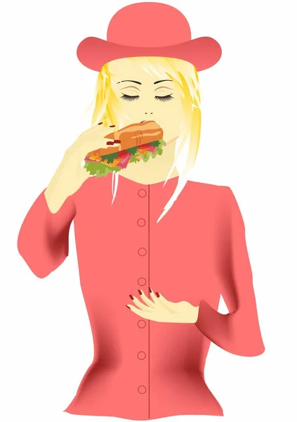 Composizione Con Una Donna Che Mangia Panino Con Salsiccia Formaggio — Vettoriale Stock