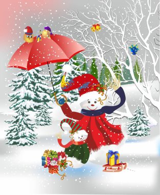 Kardan adam, orman ve Noel hediyeleriyle kompozisyon