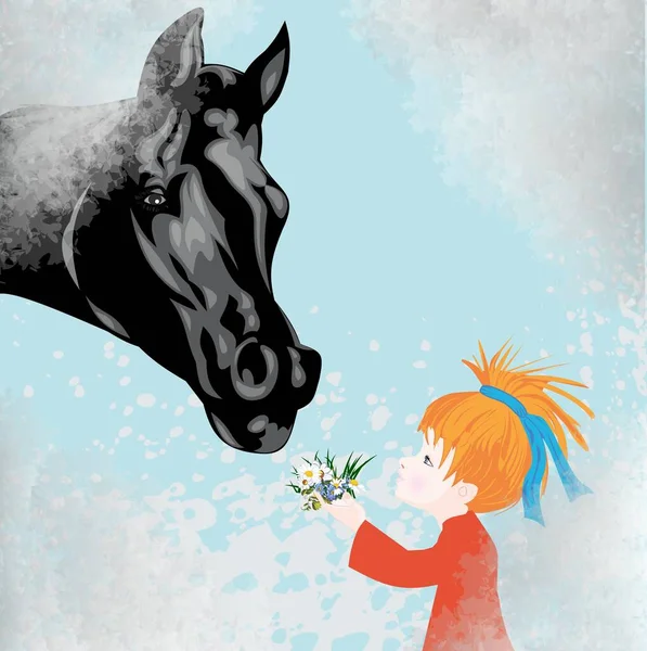 Composition Horse Head Girl Holding Flowers — Stock Vector