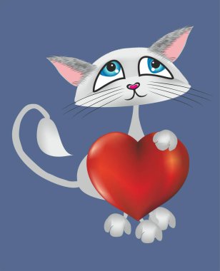 Kırmızı kalpli kompozisyon ve sevgililer bayramı için bir kedi. 