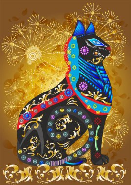 Çeşitli renklerde süslemeleri olan siyah bir kedinin kompozisyonu 