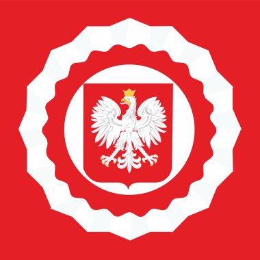 Ortasında bir kartal kafası olan kırmızı ve beyaz kompozisyon.